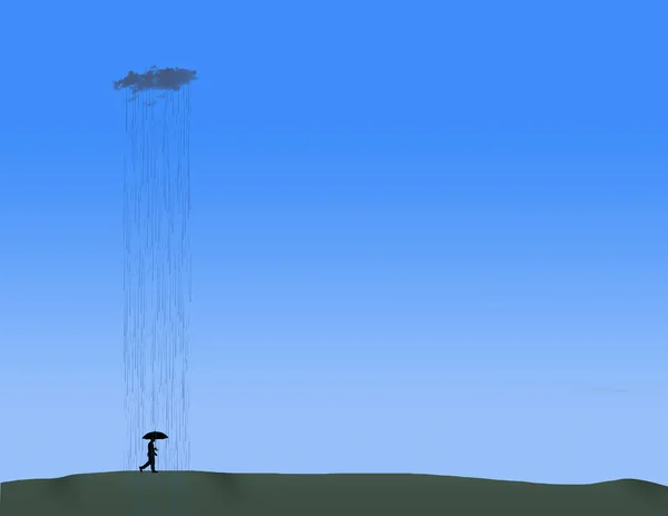 One Small Cloud Sky Rains Only Man Walks Umbrella Illustration — Zdjęcie stockowe