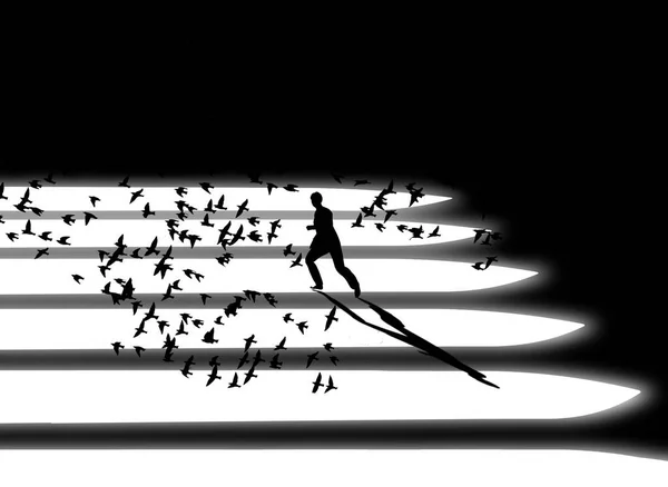 Man Runs Shadows Courtyard Frightening Flock Birds Flight Illustration Text — Stockfoto