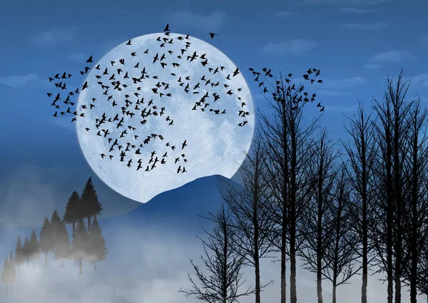 Migrating Birds Seek Place Rest Early Evening Moon Rises Snow — Stock Fotó