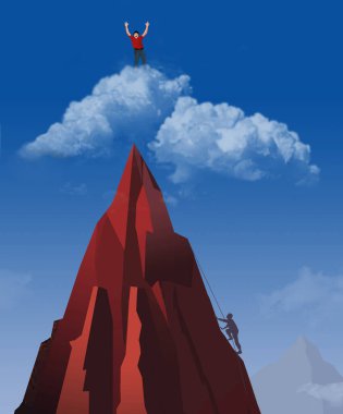 A man climbs beyond the summit of a mountain and reaches the top of a cloud hovering above the summit. Illustrates over achievers who exceed expectations. This is a 3-d illustration.