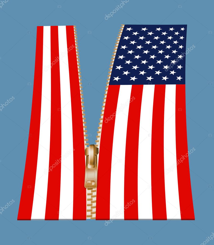 A United States of America flag has a zipper splitting the flag into two sections. This is a metaphor for the split in political ideas currently in the USA. This is a 3-d illustration.
