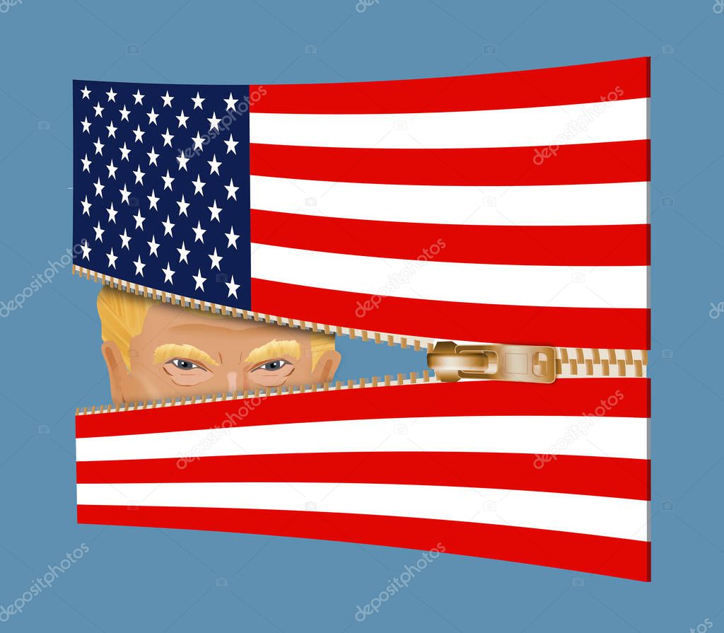 A United States of America flag has a zipper splitting the flag into two sections. Former President Donald Trump is seen peeking through the spli  in political ideas currently in the USA. This is a 3-d illustration.