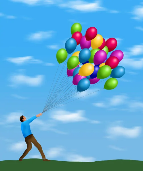 Homme Peine Accrocher Paquet Ballons Hélium Par Une Journée Venteuse — Photo