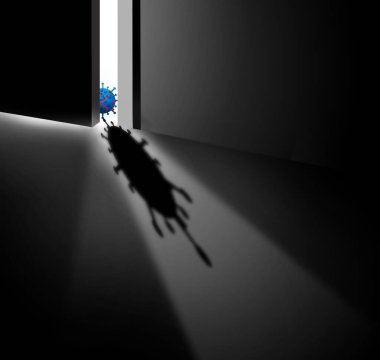 Kapının dışında bir koronavirüs parçacığı görülüyor. Bu 3 boyutlu resim kapınızın önündeki Covid 'le ilgili..