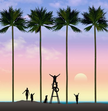 Dört kişilik bir aile ve köpekleri gün batımından hemen önce tropikal bir plajı keşfediyorlar. Babam bu 3 boyutlu resimdeki manzaranın tadını çıkarmak için cankurtaran koltuğuna tırmanır..