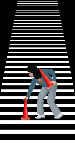 Kobieta Umieszcza Szyszki Aby Zablokować Niebezpieczne Schody Trójwymiarowej Ilustracji Niebezpieczeństwie — Zdjęcie stockowe
