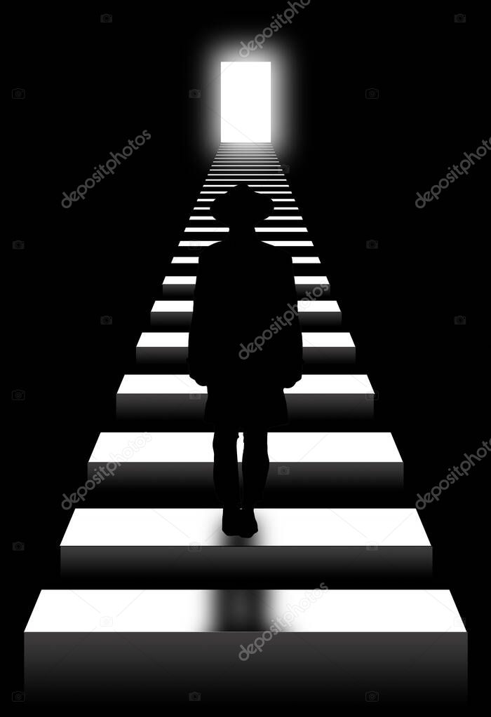A man in a hat stands on a stairway peering at the bright glowing doorway at the top of the stairs in this 3-d illustration.