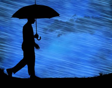 İşte yağmurda şemsiyesi olan bir adam. Bu 2022 için 3 boyutlu bir tasarım ve modern bir tasarım.