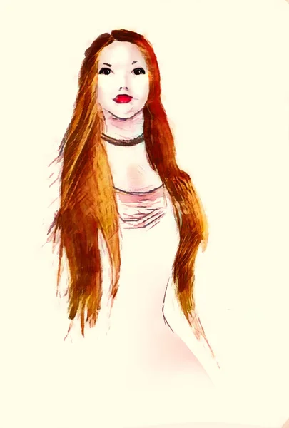 Eine Schöne Junge Frau Mit Langen Roten Haaren Ist Isoliert — Stockfoto