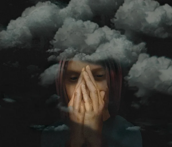Nubes Oscuras Rodean Una Mujer Deprimida Una Ilustración —  Fotos de Stock