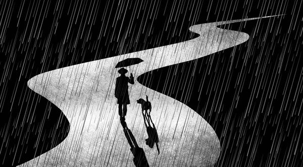 Mężczyzna Parasolem Psem Spacerujący Nocą Ulicą Deszczu Tej Trójwymiarowej Ilustracji — Zdjęcie stockowe