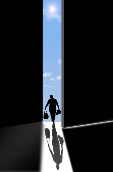 Mężczyzna Bagażem Wychodzi Przez Otwarte Drzwi Trójwymiarowej Ilustracji Wyjściu Wyjściu — Zdjęcie stockowe