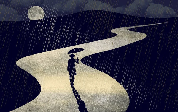 Man Umbrella Walks Night Full Moon Breaks Rain Clouds Illustration — Stock Photo, Image