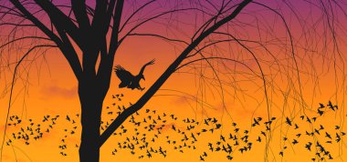 Bu üç boyutlu resimde bir karga gece için bir ağaç seçer..