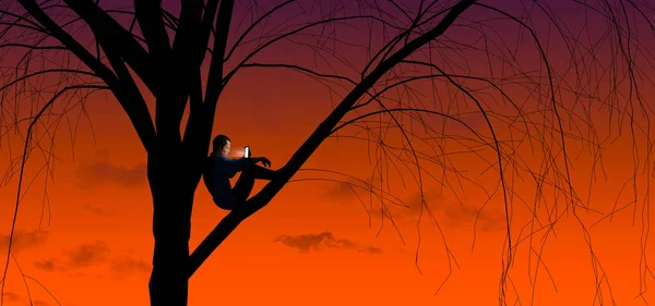 Jovem Senta Uma Árvore Entardecer Olhando Para Seu Telefone Celular — Fotografia de Stock