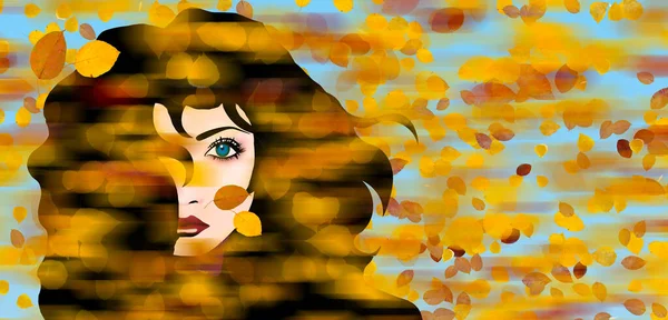 秋になると美しい女性が頭の周りを3次元のイラストで彩り豊かな黄金の葉が風に吹かれます — ストック写真