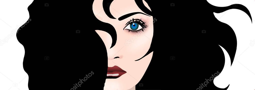 A beautiful young brunette woman with hair blown by the wind is seen on a white background in a 3-d illustration.