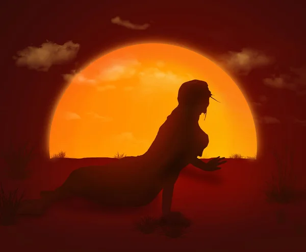 Kobieta Czołga Się Pustyni Gdy Słońce Zachodzi Trójwymiarowej Ilustracji Zmaganiach — Zdjęcie stockowe