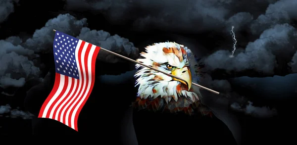 Americký Orel Bělohlavý Nese Zobáku Vlajku Usa Viděn Před Bouřlivou — Stock fotografie