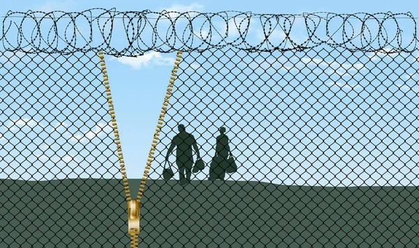 A man and woman are seen after crossing the USA/Mexico border fence that has a zipper opening to make it easy. This is a 3-d illustration.