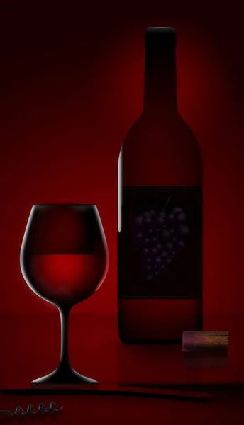 在这个被戏剧性地点燃的三维插图中 在一个红葡萄酒瓶子旁边看到了一个装有红酒的酒杯 — 图库照片