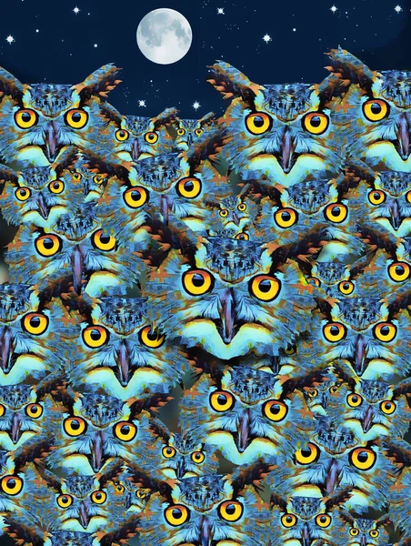 Owls Big Yellow Eyes Peer Out Night Illustration — Stock Photo, Image