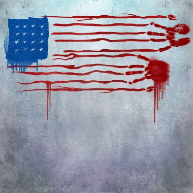 Bir Amerikan bayrağı beton bir duvara grafiti ile boyanmış. Kırmızıyla el izleri bu üç boyutlu resimde kana işaret ediyor..