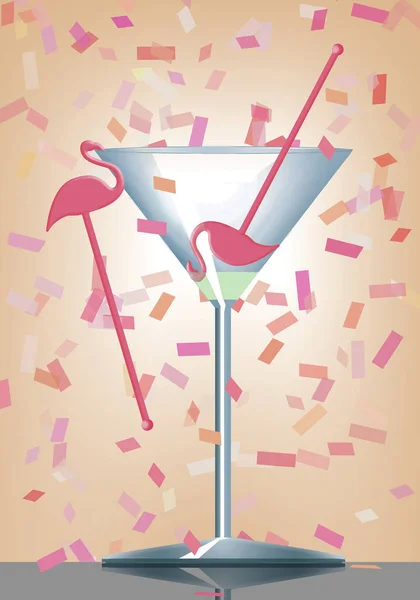 Κονφετί Πέφτει Σχεδόν Άδειο Ποτήρι Μαρτίνι Έχει Ροζ Φλαμίνγκο Swizzle — Φωτογραφία Αρχείου