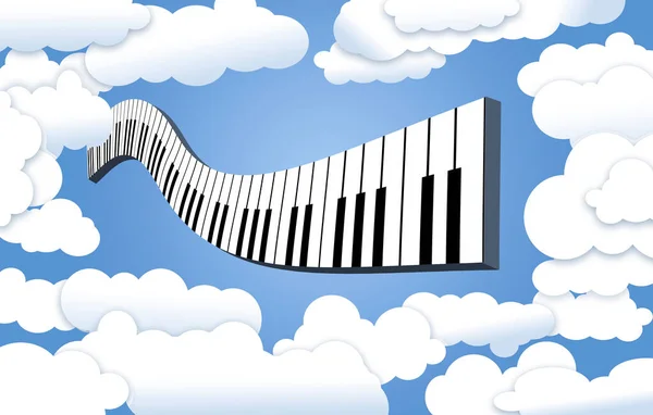 Witte Pluizige Wolken Omringen Een Opening Die Een Gebogen Pianoklavier — Stockfoto