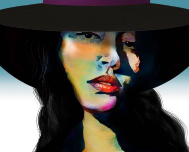 Dijital suluboya bir resimde, 3 boyutlu bir resimde geniş kenarlı şapka takan, uzun saçlı, güzel bir İspanyol kadın görülüyor..