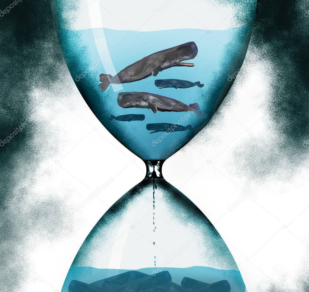 Sperm whales are seen swimming in water in an hourglass in a 3-d illustration about time running out for sea creatures.