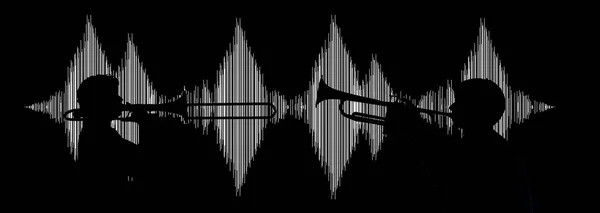 Een Equalizer Geluidsloongrafiek Achtergrond Voor Een Silhouet Trombonist Een Trompettist — Stockfoto