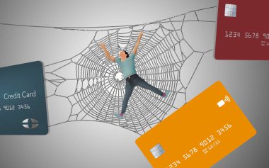 A man is caught in a spiders web of credit card debt in this  illustration.