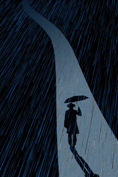 Man Umbrella Walks Path Heavy Rainstorm Night Illustration — Stok fotoğraf