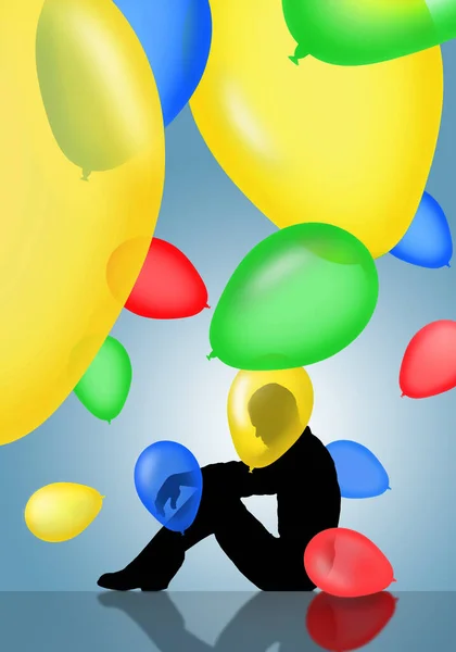 Young Man Sits Floor Looking Depressed Colorful Balloons Surround Him — Stock Photo, Image