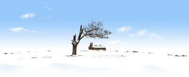  Bir ağaç ve eski bir ahır bu üç boyutlu resimde ilginç bir kar manzarası oluşturur..