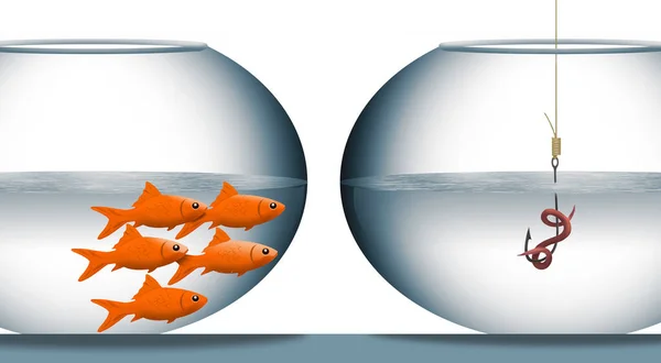 Goldfish are seen in one fish bowl looking at a hook and worm in a different bowl in a 3-d illustration about getting your product to the right customers.