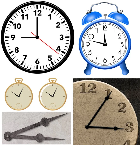 Relojes Relojes Son Vistos Como Recursos Gráficos Ilustraciones Aisladas Sobre —  Fotos de Stock