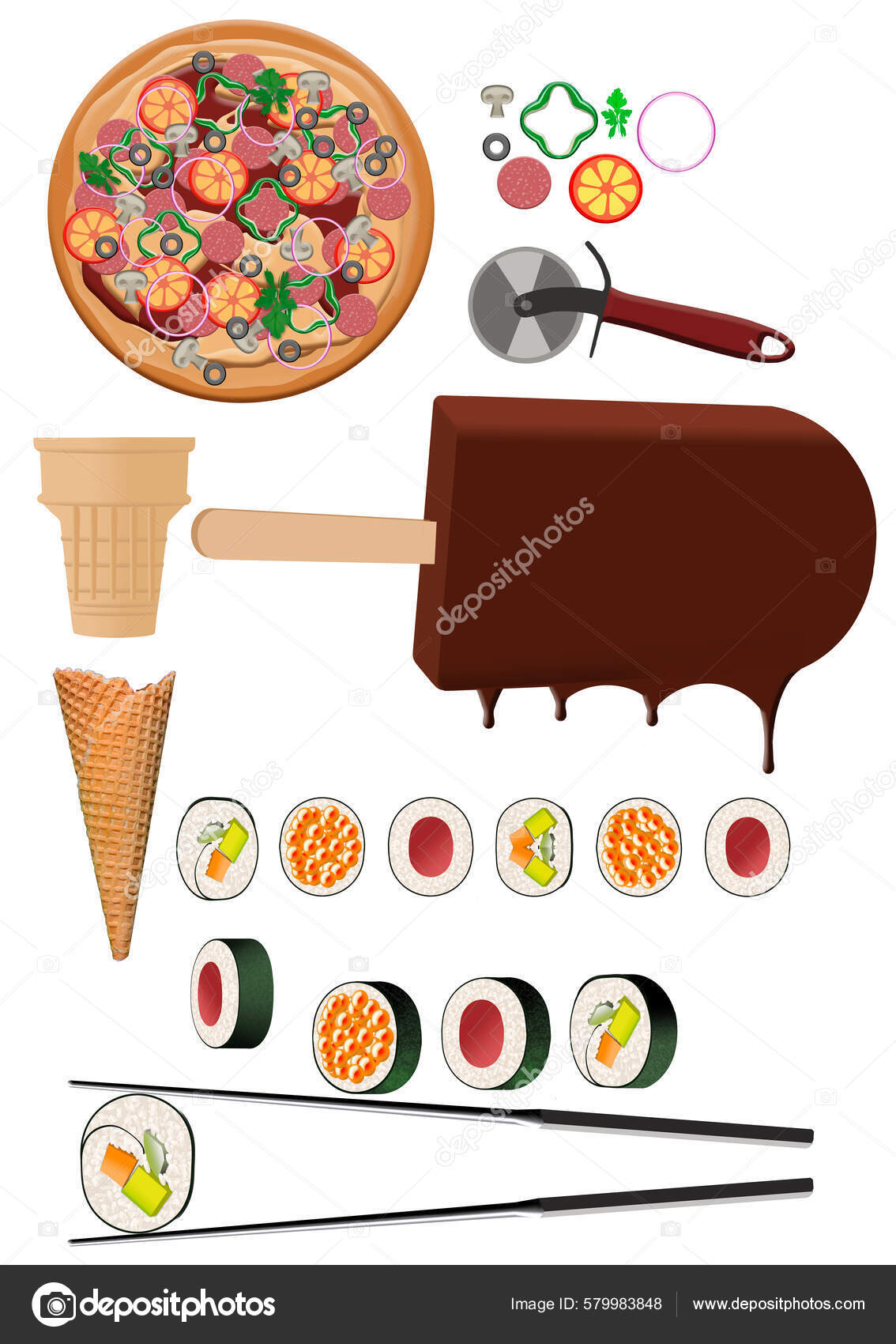 Pizza Ice Cream Sushi Seen Illustrations Used Graphic Elements Stock