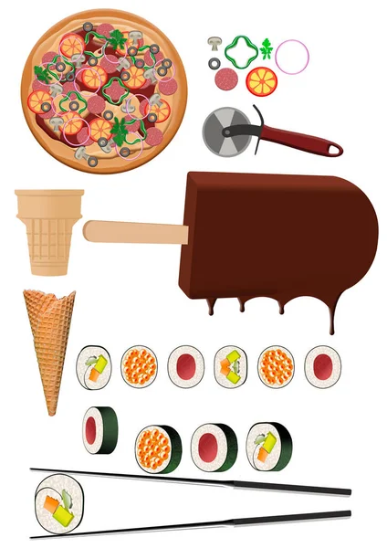 Pizza, ice cream and sushi are seen as 3-d illustrations to be used for graphic elements.