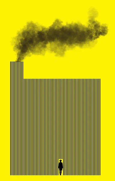 A man enters a door to a factory made of black lines on a yellow background in a 3-d illustration about going to work and bad jobs. Black smoke is seen coming from chimmney.