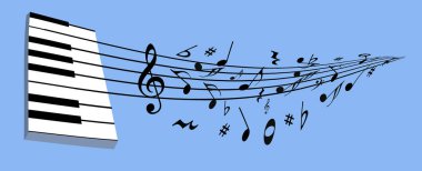 Bu üç boyutlu resimde müzik notaları ve personel piyano klavyesinin bir bölümünden yayınlanıyor.