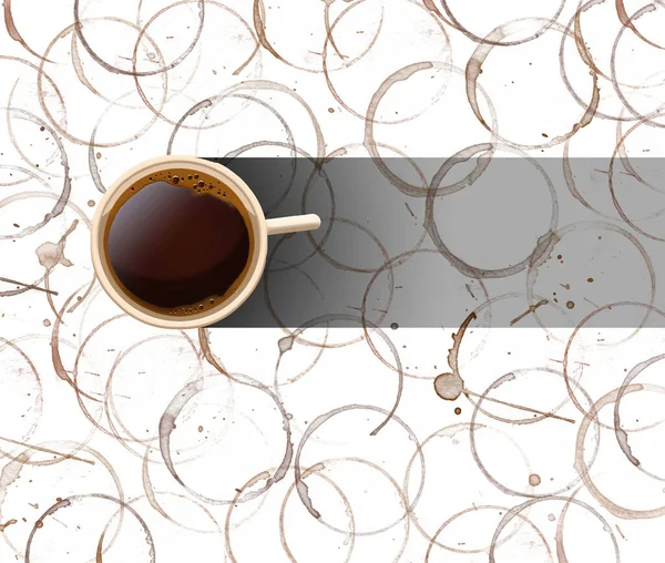 Eine Tasse Kaffee Ist Auf Einem Hintergrund Von Kaffeeflecken Aus — Stockfoto