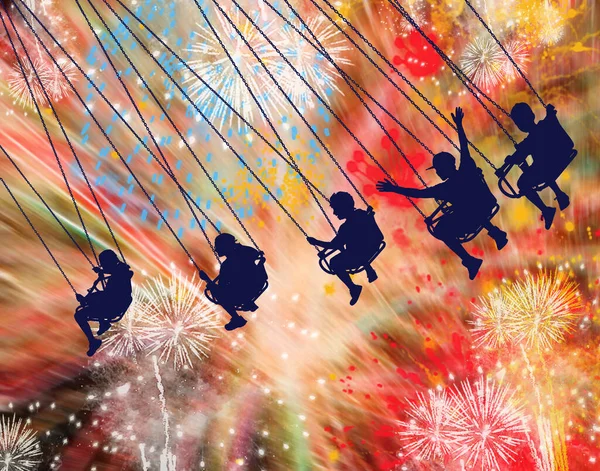 Young People Seen Riding Chair Swing Carnival Ride Fireworks Explode — Stok fotoğraf