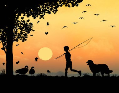A boy with a fishing pole and his dog are seen walking as leaves fall from a maple tree and canada geese fly and sit nearby in a 3-d illustration. 