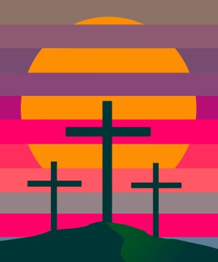 İsa 'nın çarmıha gerilmesinin üç haçı bu 3 boyutlu Paskalya resminde renkli gökyüzünün önünde siluetlerde görülüyor..