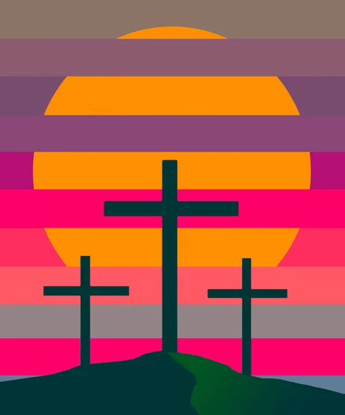 Three Crosses Crucifixion Jesus Christ Seen Silhouettes Front Colorful Sky — Stockfoto