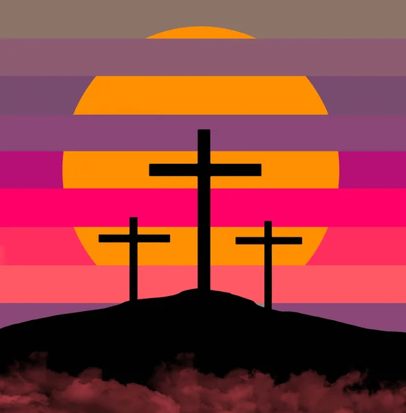The three crosses of the crucifixion of Jesus Christ  are seen in silhouettes in front of a colorful sky in this Easter 3-d illustration.