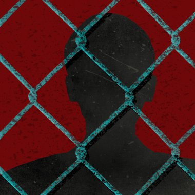 A silhouetted man is seen behind chainlink fence in a 3-d illustraton about imprisonment.