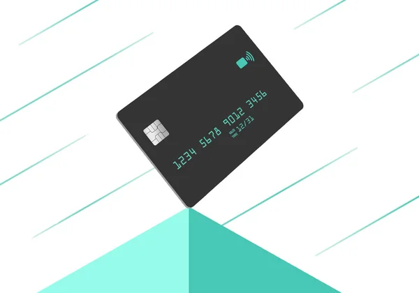 A modern dark grey credit card is seen atop a pyramid with a striped light green background in this 3-d illustration.